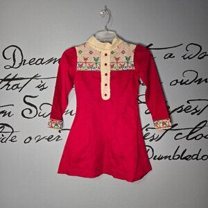 Vintage 70s Girls Red Long Sleeve Dress with Cross-stitch Detailing, 8